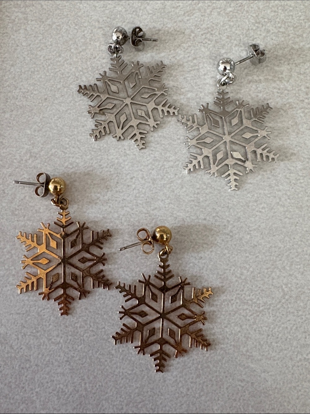 Vintage Snowflake Drop Earrings - Gold and Silver Holiday Set